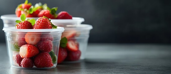 Aufkleber - Fresh strawberries in clear plastic containers on a dark textured background with copy space for text.