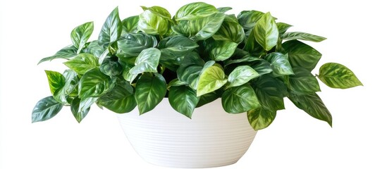 Poster - Potted houseplant with green leaves in a white ceramic container on a white background with copy space