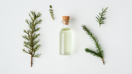 Poster - Glass bottle with essential oil surrounded by fresh herbal sprigs on a light background Copy Space