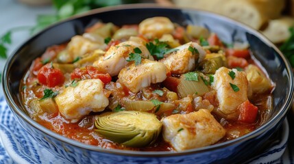 Poster - Delicious fish stew with vegetables in a blue bowl garnished with parsley on a textured background Copy Space