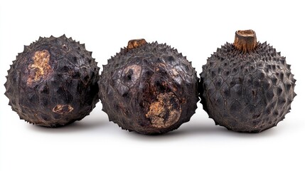 Poster - Three spiky black fruits on white background with copy space for text. Details of texture and natural imperfections visible.