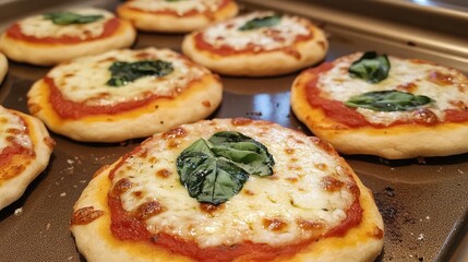 Poster - Mini pizzas topped with mozzarella cheese and fresh basil on a baking tray with copy space for text
