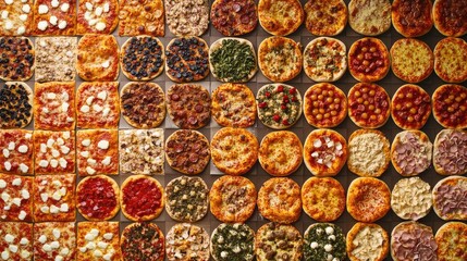 Aufkleber - Variety of freshly baked pizzas displayed in a grid pattern showcasing diverse toppings and crusts with Copy Space fÃ¼r text.