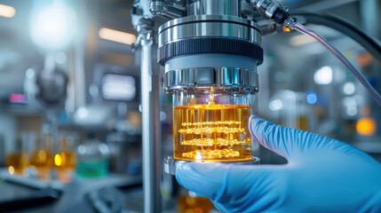 Fototapete - close up of nano enhanced bioreactor producing vibrant orange liquid, showcasing advanced technology in laboratory setting. scene conveys innovation and precision in scientific research