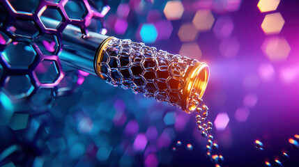 Fototapete - Close up of nano enhanced bioreactor releasing liquid, showcasing intricate hexagonal patterns and vibrant colors. scene evokes sense of advanced technology and innovation
