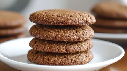 Aufkleber - Stack of four round brown ginger cookies on a white plate with a blurred background of more cookies Copy Space