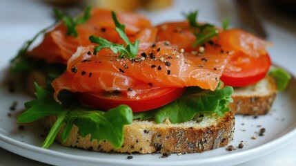 Poster - Freshly prepared open-faced sandwich featuring smoked salmon, sliced tomatoes, and greens on whole grain bread with seasoning and copy space.
