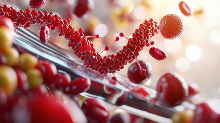 Poster - vibrant close up of nanocarrier system transporting therapeutic agents, showcasing intricate molecular structures and dynamic interactions. image captures essence of advanced biomedical technology