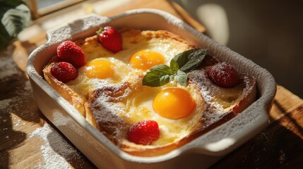 Poster - Baked custard dish with raspberries and egg yolks garnished with mint leaves on wooden table Copy Space