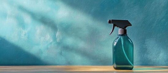 Aufkleber - Blue glass spray bottle on a wooden surface with textured blue background and soft light shadows Copy Space