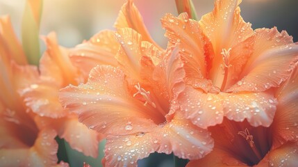Poster - Close-up of peach gladiolus flowers with water droplets on petals and soft blurred background Copy Space