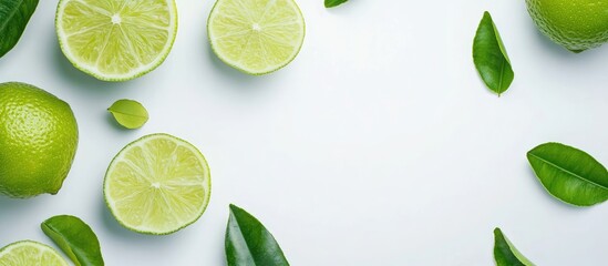 Poster - Fresh lime halves and whole limes arranged with green leaves on a light background with ample Copy Space for text insertion.