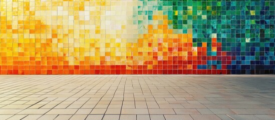 Poster - Colorful mosaic wall with gradient tiles in orange, yellow, green, and blue against a tiled floor with Copy Space for text.