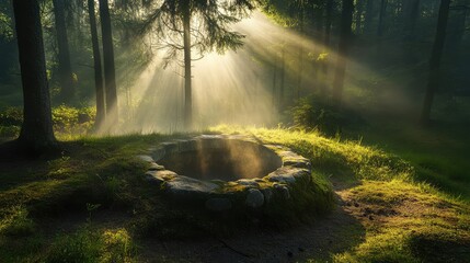 Poster - Misty forest clearing with stone well surrounded by trees and sunlight rays filtering through foliage Copy Space