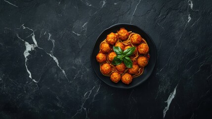 Aufkleber - Spaghetti and meatballs served on a black plate with fresh basil leaves on a dark marble background Copy Space