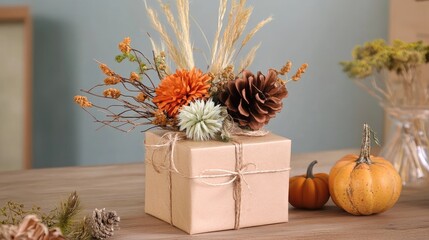 Poster - Decorative gift box with dried flowers and greenery on wooden table with pumpkins and blurred background Copy Space