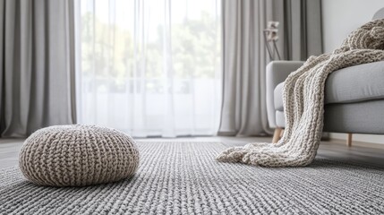 Poster - Cozy living room interior with gray sofa knitted blanket and circular pouf on textured rug with ample Copy Space