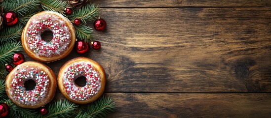 Poster - Festive donuts with sprinkles and Christmas decorations on a wooden table with copy space for text