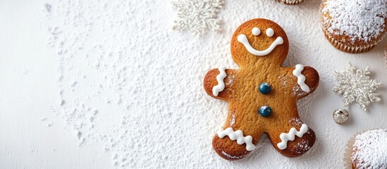 Poster - Gingerbread cookie with icing decoration on white powdered sugar background with snowflake shaped decorations and cupcakes Copy Space