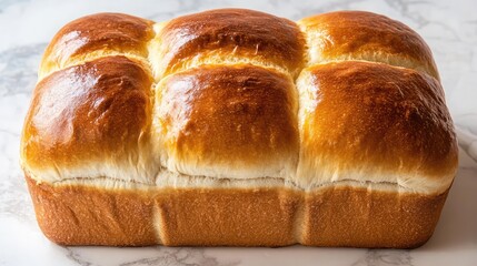 Poster - Freshly baked golden brown bread loaf on a marble countertop with soft fluffy texture and copy space for text.
