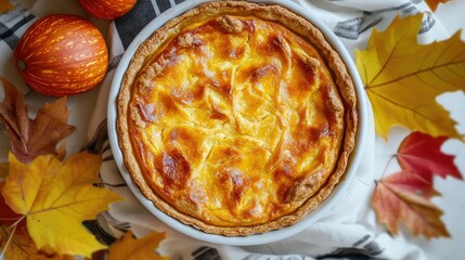 Poster - Pumpkin pie in a white dish surrounded by autumn leaves and decorative pumpkins on a textile background with Copy Space