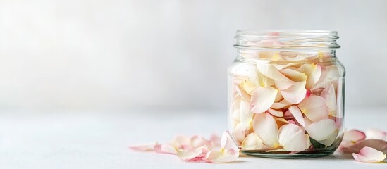 Poster - Jar filled with rose petals on a light background with scattered petals and ample copy space.
