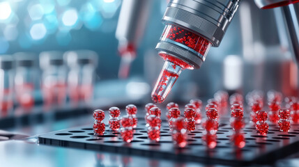 Aufkleber - Close up of nanoscale device extracting biomarker samples with precision. vibrant red droplets highlight advanced technology in laboratory setting, showcasing innovation in scientific research