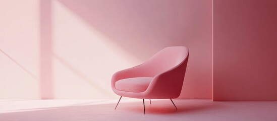 Poster - Stylish modern pink armchair in minimalistic interior with soft lighting and color-coordinated walls Copy Space