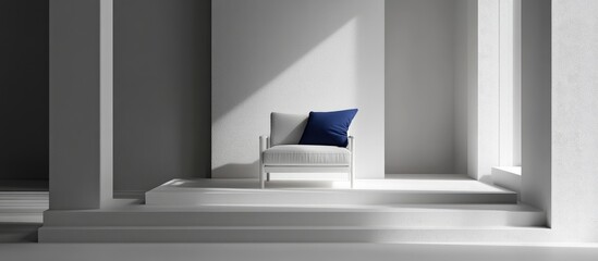 Poster - Minimalist interior design featuring a white chair with a blue cushion in a well-lit, shadowed room with ample Copy Space.