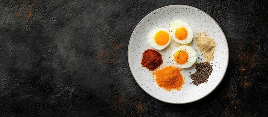 Poster - Plate with halved boiled eggs surrounded by various spices on a dark textured background with Copy Space.