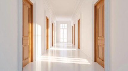 Poster - Bright modern corridor with wooden doors and large windows creating natural light and shadows interior design Copy Space