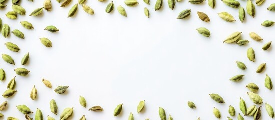 Aufkleber - Green cardamom pods arranged in a circular frame on a light background with ample copy space for text insertion.