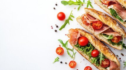 Poster - Freshly made sandwich with prosciutto, cherry tomatoes, and arugula on a white background with copy space for text
