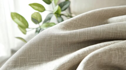 Poster - Textured beige fabric draped with green plant in soft natural light and Copy Space for text insertion