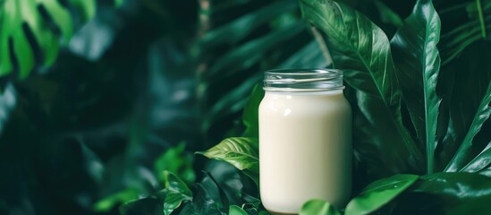 Poster - Glass jar filled with white liquid surrounded by lush green tropical leaves with Copy Space.