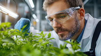Poster - scientist examines plants in lab, utilizing advanced technology for research. focus on innovation and nature highlights importance of sustainable practices