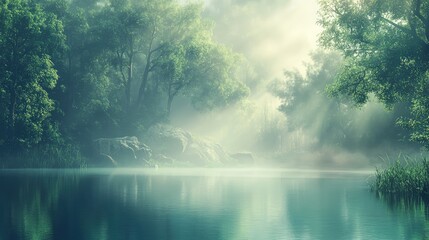 Poster - Misty forest landscape with still water reflections and soft sunlight filtering through trees Copy Space