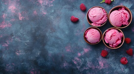 Poster - Pink raspberry ice cream scoops in cups with fresh raspberries on dark blue textured background Copy Space