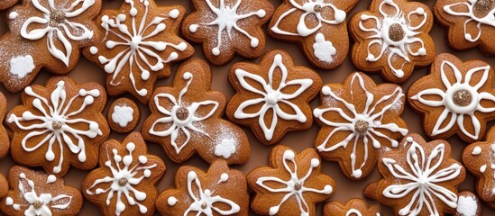 Poster - Gingerbread cookies decorated with white icing in various floral designs on a wooden surface with Copy Space