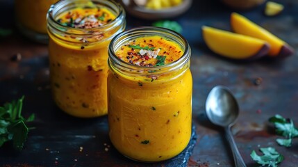 Poster - Mango smoothie jars garnished with spices and herbs on a rustic surface with garnished mango slices and a spoon nearby Copy Space