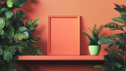 Poster - Empty picture frame on an orange wall with greenery and a potted plant on a shelf Copy Space