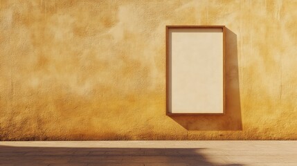 Poster - Empty rectangular frame on textured yellow wall with copy space for text placement. Neutral background with natural lighting.