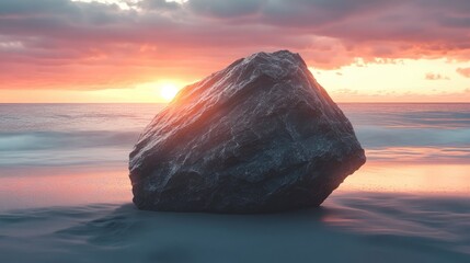 Aufkleber - Sunset over ocean with large rock in foreground and colorful sky with clouds at horizon Copy Space