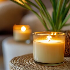 Poster - Candles in Glass Holders with Soft Light and Green Plant Background Copy Space