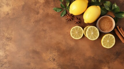 Aufkleber - Lemons with sliced halves and brown sugar in a bowl on a rustic brown background with leaves and spices Copy Space