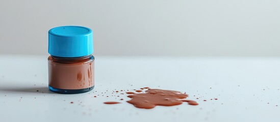 Poster - Small glass jar with blue lid and spilled brown paint on a clean white surface with Copy Space for text.