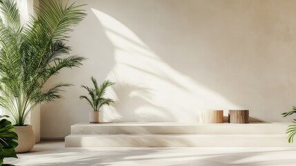 Poster - Modern interior with palm plants and natural light casting shadows on a textured wall Copy Space