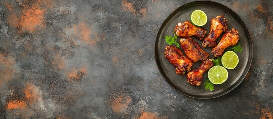 Poster - Grilled chicken wings served on a black plate with fresh lime slices on an industrial style background Copy Space