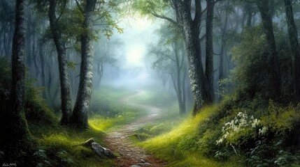 Poster - Misty forest path through green trees and lush vegetation with soft light and copy space for text.