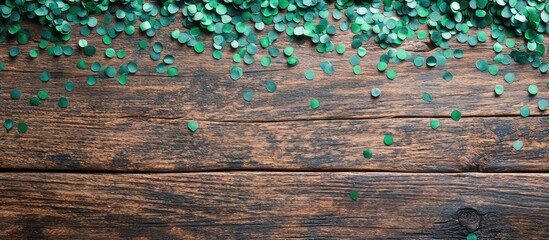 Aufkleber - Green confetti scattered over dark wooden surface with copy space for text insertion and design purposes